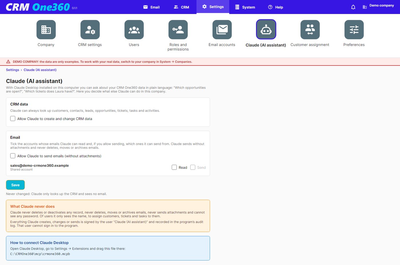 Claude settings in CRM One360