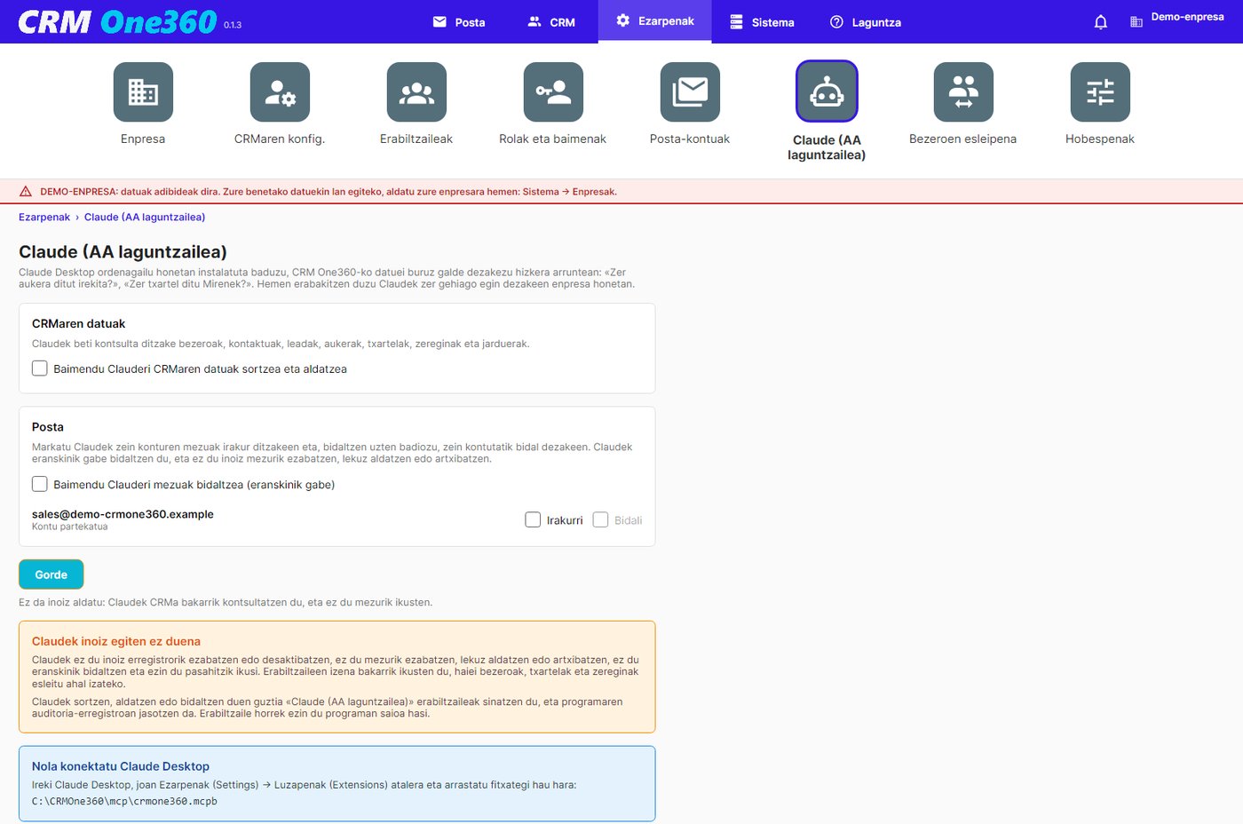 Claude-ren ezarpenak CRM One360-n