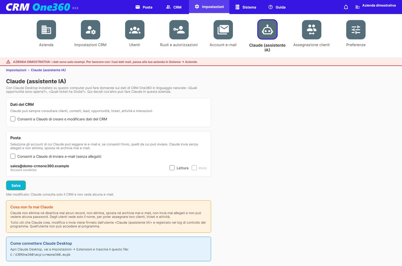Impostazioni di Claude in CRM One360