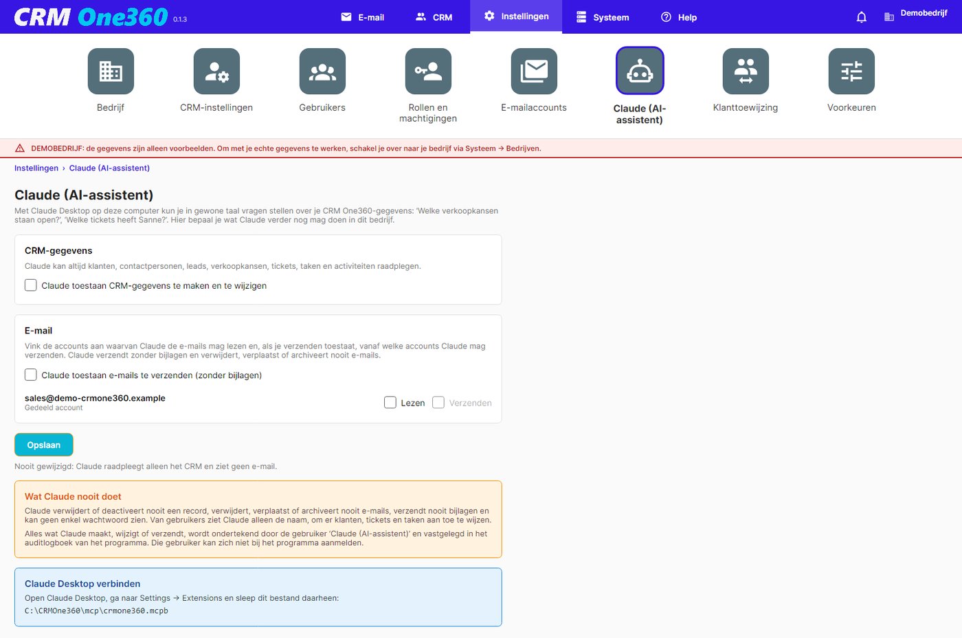Claude-instellingen in CRM One360
